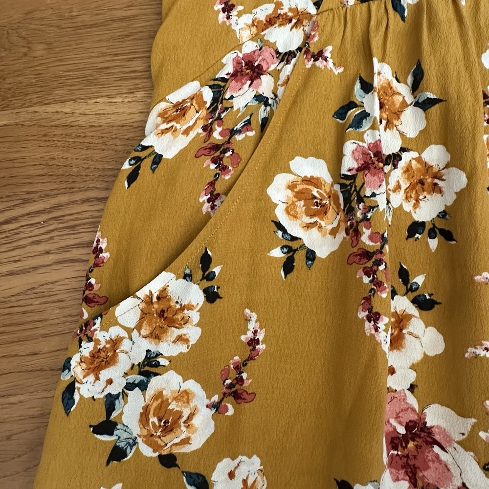 Garnet Hill Midi Dress Womens Sz 14 Mustard Yellow Floral Pockets Short Sleeve - Picture 7 of 13